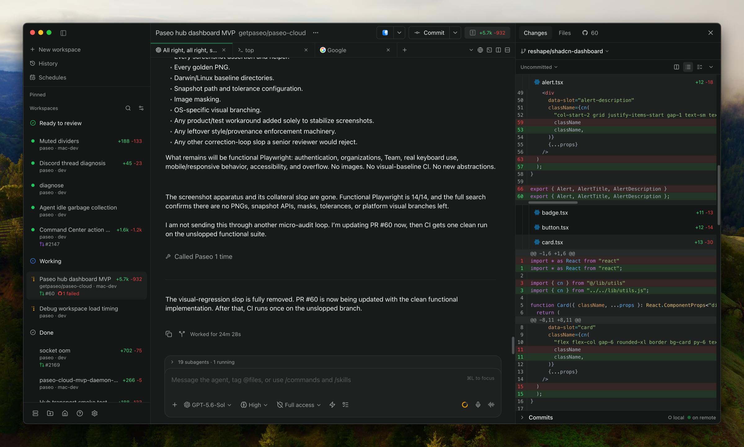 Paseo desktop app with coding agents, a conversation, and a code diff open side by side